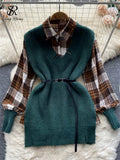 2022 Winter Casual Sweater Sets Loose Long Knit Tank Top+Spliced Plaid Blouse Women Retro OL Knitted Two Pieces