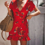 Women Loose Short Sleeve V-Neck Ruffles Print Casual Yellow Summer Chiffon Dress 2020 Beach Elegant Mini Yellow