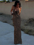 Women's Leopard Printed Maxi Dress Elegant Spaghetti Strap Backless Lace-up Robe Skinny Retro Dresses Vestidos New 2024-Outfit