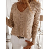 Women Casual Hollow Out Knitted Sweater Long Sleeve V neck Solid Loose-fitting High Street Warm Pullover 2022 Winter