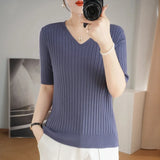 Toloer The Summer Of 2024, Women's Knit Short Sleeve Korean V-Neck Solid Color T-Shirt And A Pit Top-Outfit