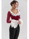 Long Sleeve Lace Flare Trim Corset Top-Outfit
