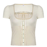 Korean Cute Y2K Retro Cotton Tops Lace Patchwork Buttons Kawaii Tshirts Autumn Square Collar Chic Casual