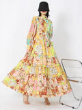 Fashion Spring Dress For Women Stand Collar Long Sleeve High Waist Print Colorblock Midi Dresses Female Clothes