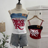 Letter-Print Spliced Denim Sling Vest Repair Outside The Hot Babes Bumpy Short Sleeveless Top