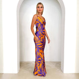 Spring-Summer Women's New Dress Purple Printed V-Necked Dresses For Sexy High-Rise