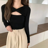 Slend Hollow Long-Sleeved Knitted Shirt Girl 2025 Spring And Autumn Careful Machine Slimming V Collar Hooded Apricot Color