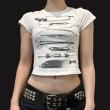 College Style Street Sweetheart Hot Girl Round Collar Shows Thin Casual Simple Printed Short T-Shirt-Outfit