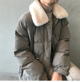Faux rabbit fur collar women's winter down jacket long drawstring slim zipper ladies chic coat loose oversize outwear