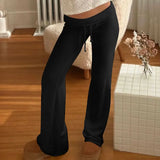 Toloer Style Design Sense Turned Waist Solid Color Knit Pants Women's Low Waist White Loose Straight Tube Casual Pants-Outfit