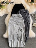 Women Knit Skirt Sexy Drawstring Ruched Irregular Midi Skirt Fashion Streetwear Solid High Elastic Waist Party Club