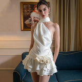 White Satin Halter Frill Flower Drape Mini Dress-Outfit
