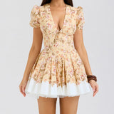 Women's Clothing Sexy Hot Babes Dress Deep V Print Waist Fluffy Mini-Skirt Short