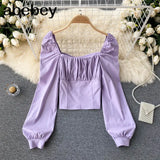 Women Fashion Korean Blouse Long Sleeve Square Collar Solid Slim Office Tops Autumn Casual Streetwear Short