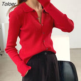 Chic Button Cropped Cardigan for Women Autumn Winter Slim Fit Knitted Sweater Woman Turn Down Collar Solid Jumpers
