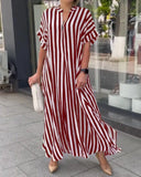 Toloer Women's Fashion Side Slit Stripe Loose Casual Short-Sleeved Dress-Outfit