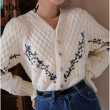 Style Embroidey Flower Cardigan Women O Neck Single Breasted Knitted Tops Long Sleeve Casual Vintage