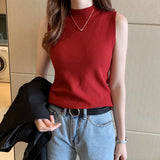 Women's Vest 2023 Spring And Summer Half-High Collar Bottomed Sweater Sleeveless Knitted Blouse With Small Sling Inside And Outside-Outfit