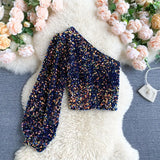 2022 New Product Oblique Collar T-shirt Strapless Unilateral Puff Sleeve Slim Fit Short Sequined Top