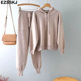 ins 2 Pieces Set Women Knitted Tracksuit hooded Sweater + Harem Pants Pullover 2021 Sweater Set CHIC Knitted hooded