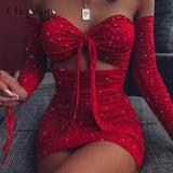 Shiny Hollow Out Sequins Dress 2020 Fashion Lace Women Dress Long Sleeve Wrinkles Off Shoulder Femme