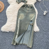 Water Wash To Make The Old Hanging Neck Sleeveless Collar Collar With Denim Top Two Sets Of Fork Repair