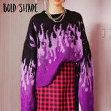 Bold Shade Indie Aesthetic Harajuku Sweaters Knitted Flame Print E-girl 90s Vintage Pullovers Women Long Sleeve Grunge
