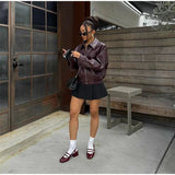 Burgundy Pu Leather Zipper Biker Jacket-Outfit
