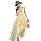 Toloer Summer Vacation Gentle Yellow Tune Dyed Flowers With Neck Flounce Print Skirt Beach