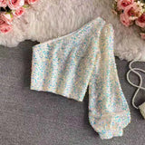 2022 New Product Oblique Collar T-shirt Strapless Unilateral Puff Sleeve Slim Fit Short Sequined Top