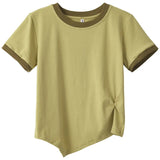Toloer Female 2024 New Summer Design Sense Contrast Color T-Shirt Fashion Chic Irregular Short Student