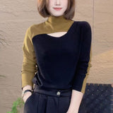 Colors Patchwork T-shirt Female Clothing Korean Asymmetrical 2023 Autumn Winter Fashion Sexy Cut Out Slim Pullovers-Outfit