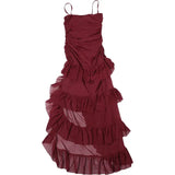 Burgundy Mesh Ruffle Strap Maxi Dress-Outfit