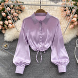 Women Korean Satin Blouse Turndown-Collar Puff Sleeve Single Breasted Slim Top Autumn Fashion Streetwear Short