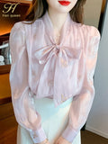 Han Queen Autumn Puff Sleeve Office Blusas Lace-Up Bow Vintage Embroidery Tops Chiffon Blouses Women Long Sleeve Casual Shirts-Outfit