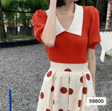 Retro Bubble Sleeve Knitted T-Shirt Women Design Small Short Top Summer New Ice T-Shirt