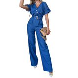 Toloer Spot 2024 Summer New Women's Fashion Temperament V-Neck Short Sleeve Straight Leg Jumpsuit-Outfit