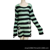 Toloer Hole Hollow Out In The Long Sweater Female Stripe Loose Color Dark Versatile Knit Niche Punk-Outfit