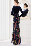 Winter Elegant Velvet With Sequins Deep V Neck Long Sleeve Slit Cocktail Eevening