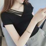 Toloer 2024 New V-Neck Slim Black Long-Sleeved T-Shirt Female Collarbone Niche Large Size White Hollow-Out Top-Outfit