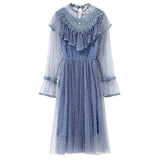 Brand New Women Romantic Tulle Dress Stand Collar Beading Tassels Ruffles Long Sleeve Mesh Dress Cute Mid Dress