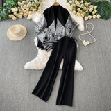 Temperament Bottom Half-High Collar Sweater + Printed Knitted Shawl Jacket + High Waist Lanky Trousers Three-Piece