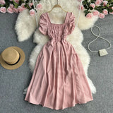 Toloer Vacation Wind French Retro Square Collar Waist Dress Female Summer Design Sense Bubble Short Sleeve Fairy