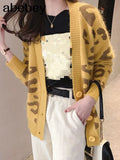 Autumn Winter Knitted Leopard Sweaters Women Korean V Neck Thick Print Cardigan Coat Loose Button Outwear