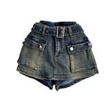 Babes Work Style Skirts Women High-Rise Thins Retro Old Denim Shorts Wide Leg