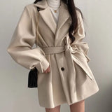 Aachoae Women Autumn Winter Slim Wool Coats With Belt Lantern Long Sleeve Turn Dwon Collar Outwear Female Chic Elegant