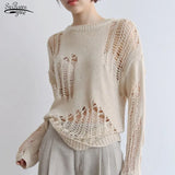 Hollow Out Thin Knit Long Sweater Pullover Women Jumper Korean Style Long Sleeve Sexy Hole Irregular Hem Loose Tops