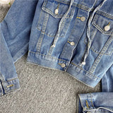 Toloer Celebrity Autumn New High Waist Short Hooded Denim Jacket Female Loose Show Thin Versatile Jacket Long Sleeve Jacket-Outfit