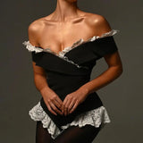 Black Lace Trim Off -Shoulder Bodysuit-Outfit