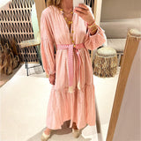 Toloer Spot 2024 Autumn New Women's Fashion V-Neck Bubble Sleeve Bohemian Cotton Linen Dress-Outfit